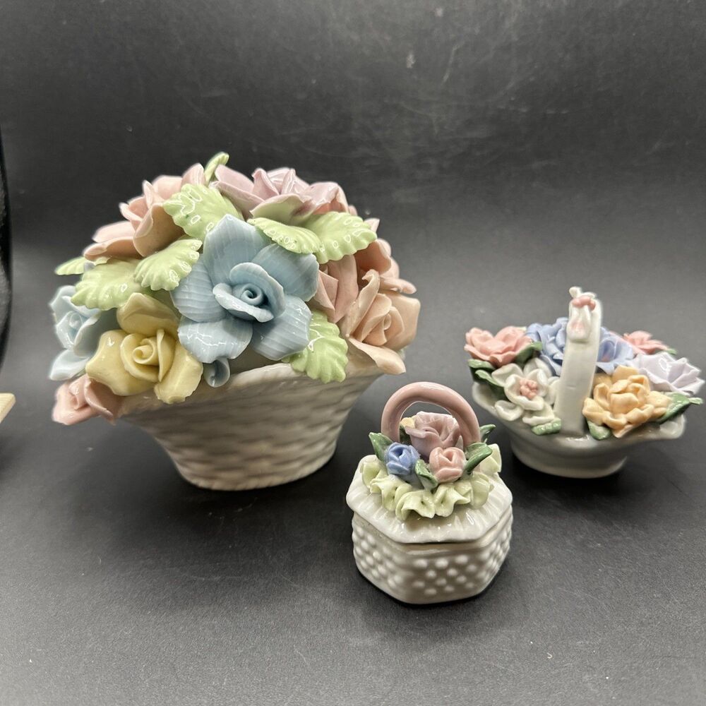 VTG Ceramic Flower Bouquet Trinket Pill Box Basket Easter Spring Set Of 3 EUC